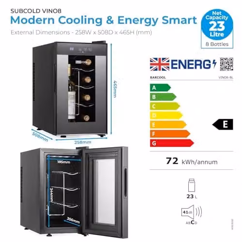 Subcold Barcool VINO8 Countertop Wine Fridge, Black, 8 Bottle Capacity, Single-Zone Thermoelectric Cooler with Glass Door and LED Interior Light, W/D/H: 46.5 x 25.8 x 50.8 cm – 12