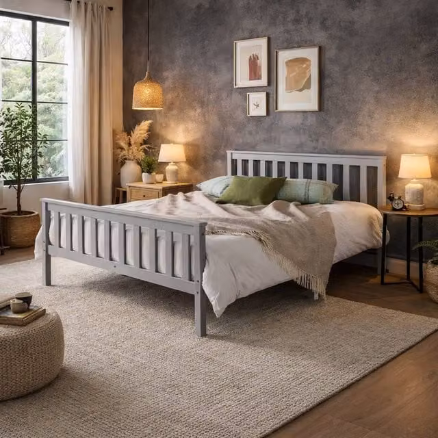 Aspire Langley Solid Wood Slatted Bed Frame in Grey or White, W/D/H: 140 x 200 cm – 1