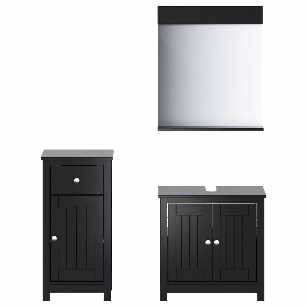 Berkfield Home 3 Piece Black Lacquered Solid Pine Bathroom Furniture Set with Vanity Unit and Mirror Cabinet – 2