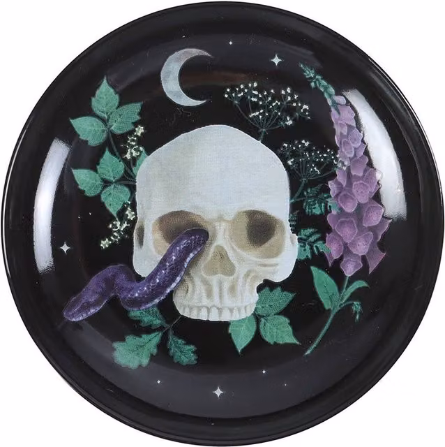 Kingsbury Gifts Venom and Vines Skull Trinket Dish, Black Ceramic Floral Round Plate