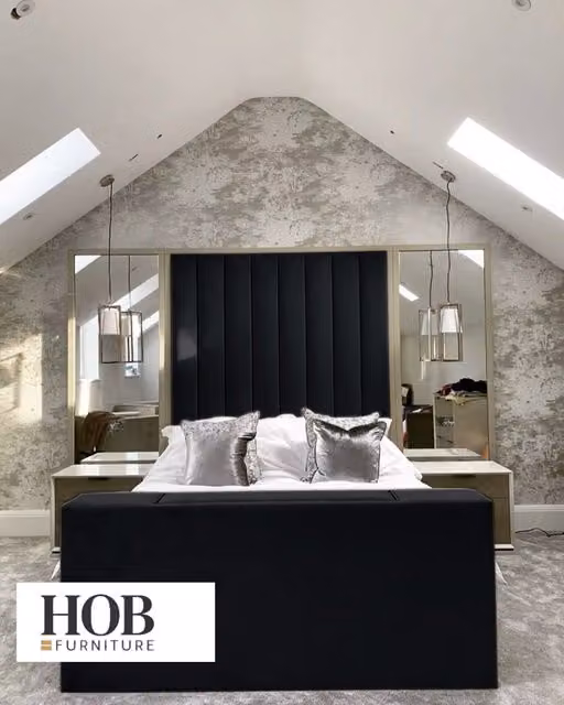 HOB Furniture Janie Linear Design Double TV Bed with Mirrored Velvet Headboard in Black, 140 x 200 cm