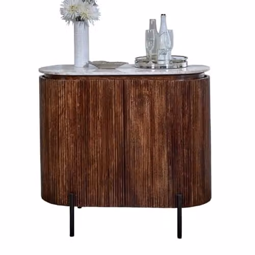 Indian Hub Opal Sideboard and Drinks Cabinet with Marble Top and Metal Legs in Brown, W: 100 cm, D: 40 cm, H: 90 cm