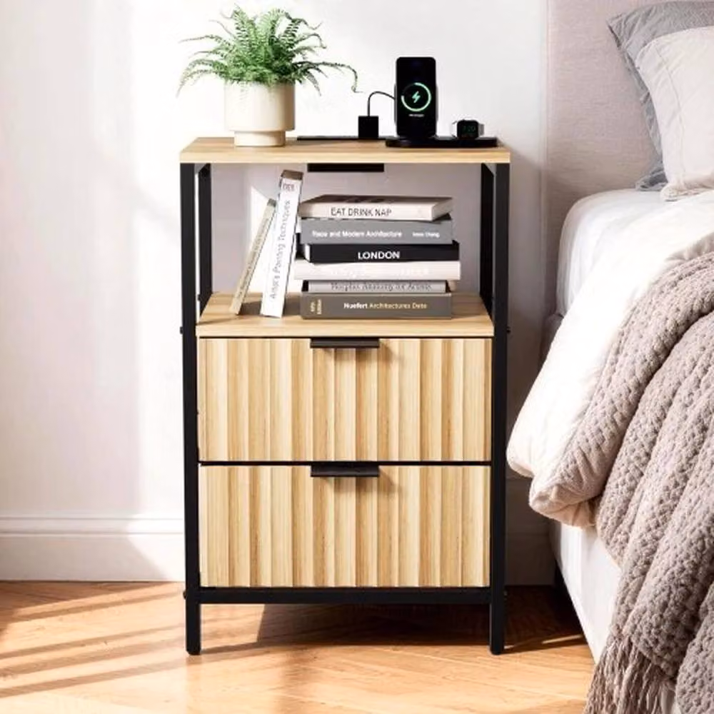 FORGEVIO Minimalist Bedside Table with 2 Drawers and Charging Station in Multicolour Wood – 3