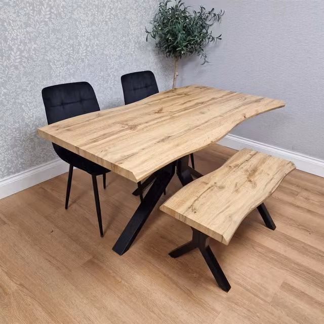 KOSY KOALA Wooden Dining Set with Rectangular Table, 2 Black Chairs and Bench in Brown – 1