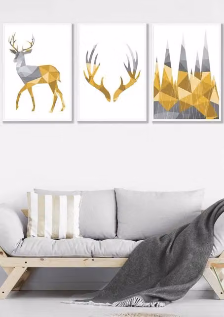 ARTZE Geometric Stags Framed Wall Art Set in Yellow, Grey and White, W: 53 cm, H: 73 cm, D: 0.2 cm
