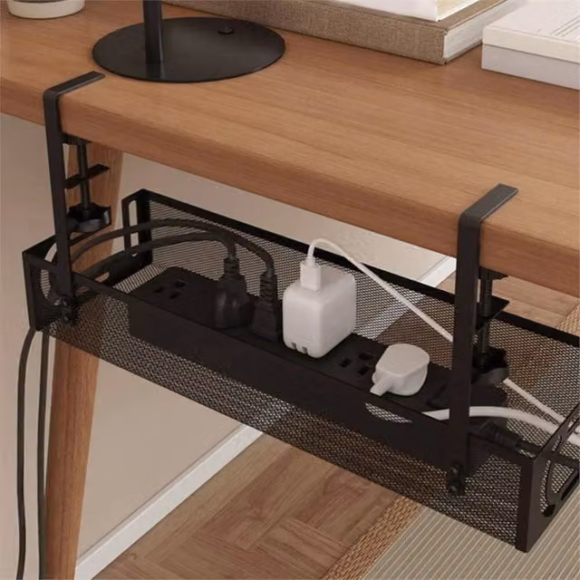 Nordara No Drill Under Desk Cable Management Tray in Matt Black Metal Mesh