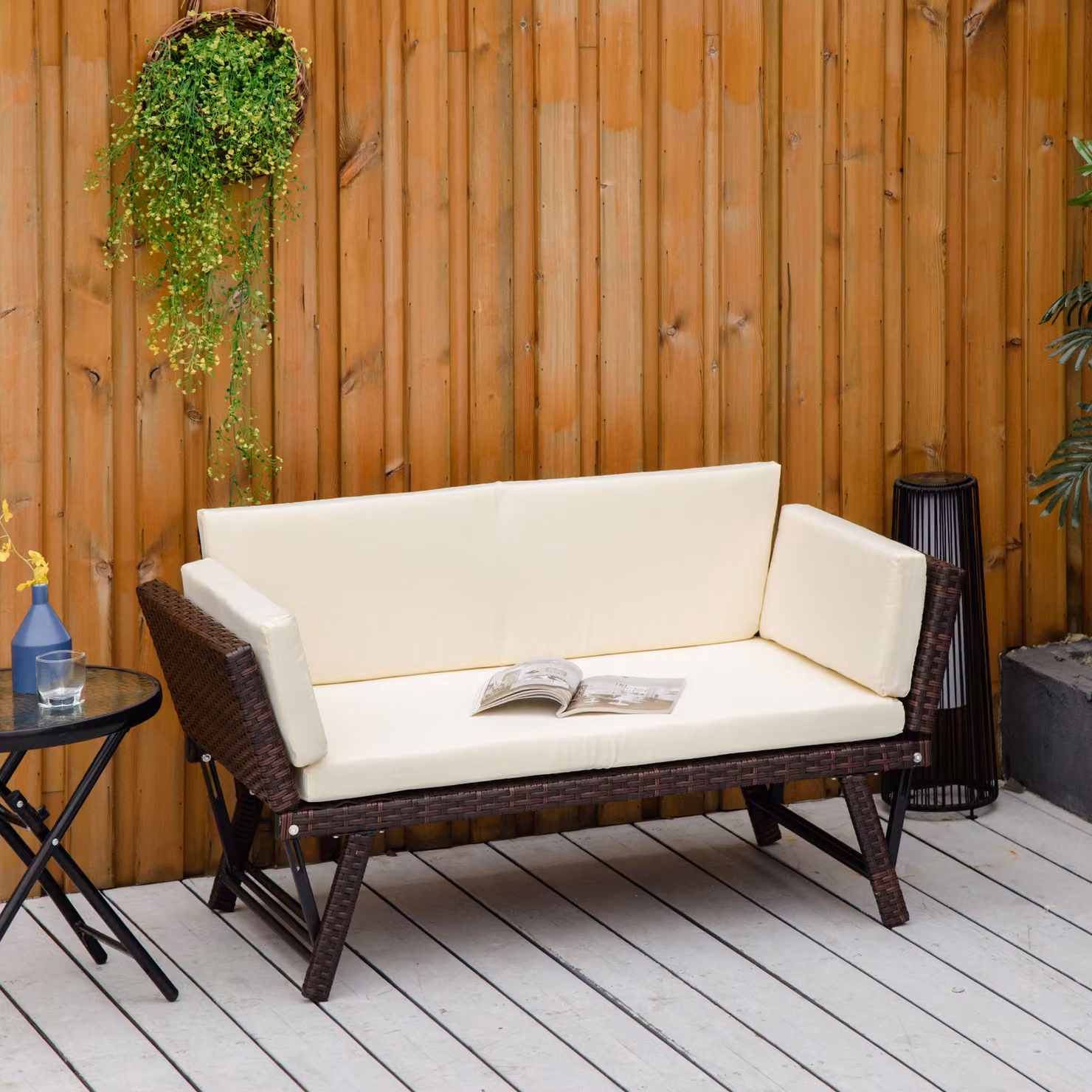 Outsunny Brown 2 Seater Rattan Folding Daybed Sofa Bench with Weatherproof Cushion for Garden and Patio – 2