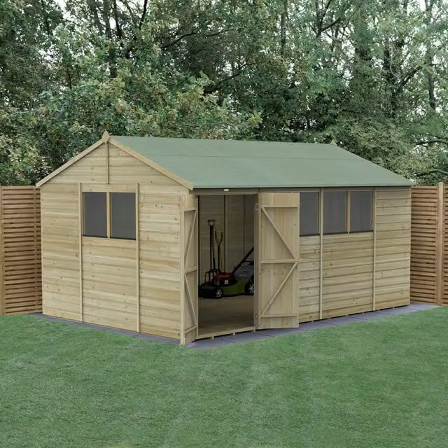 Beckwood Reverse Apex Wood Shed in Brown with Foundation and Floor, W: 457.2 cm, D: 304.8 cm, H: 243.8 cm