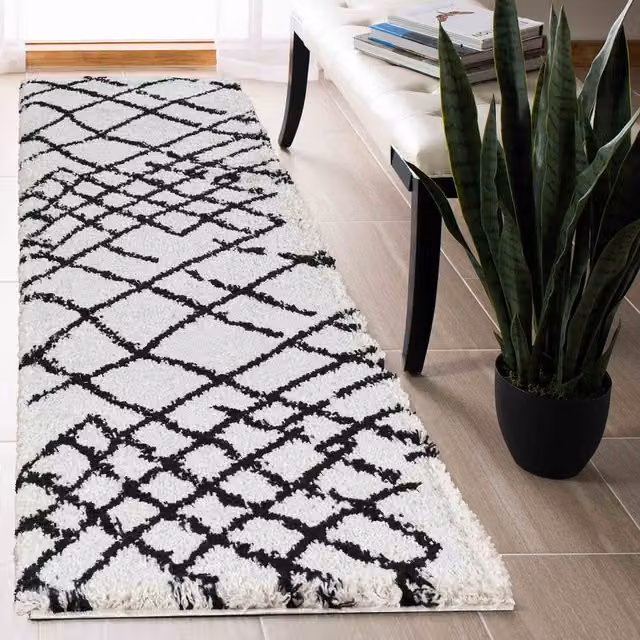 Desire Rugs Moroccan Berber Shaggy Runner with Abstract Boho Design in Stone, Yellow and White, W/D: 60 x 220 cm