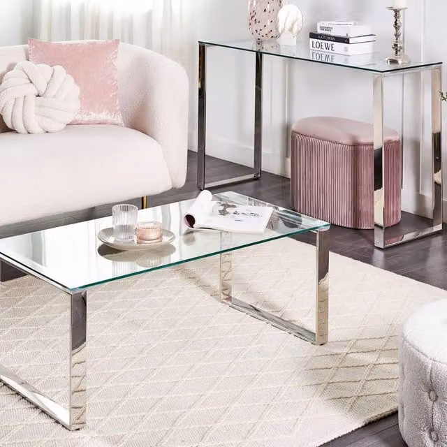 Wyld and Coco Rectangular Coffee Table with Transparent Tempered Glass Top and Polished Silver Stainless Steel Frame – 1
