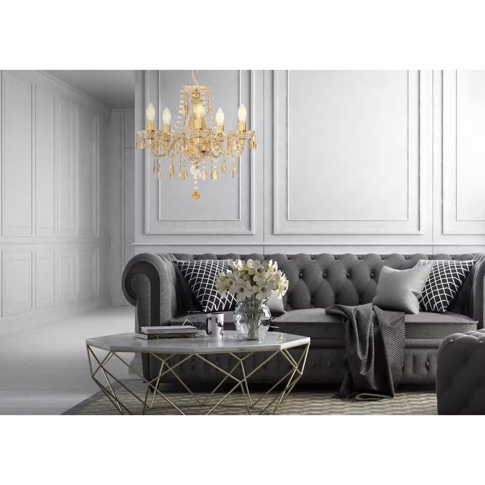 Netlighting Marie Crystal Chandelier in Gold with 5 x E14 Sockets, D x H: 48 x 150 cm – 5