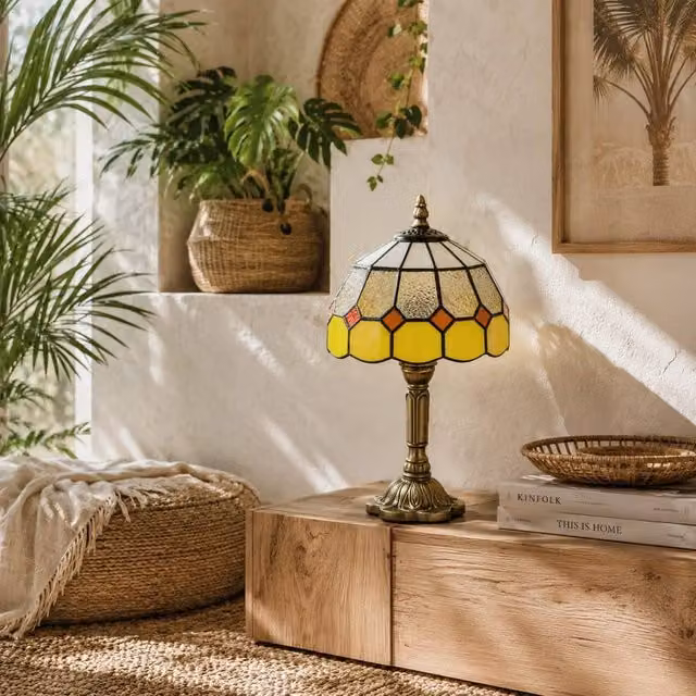 Wyld Haus Art Deco Handmade Stained Glass Table Lamp with Bronze Base in Yellow, Orange and White, H 35 x W 20 x D 20 cm – 1