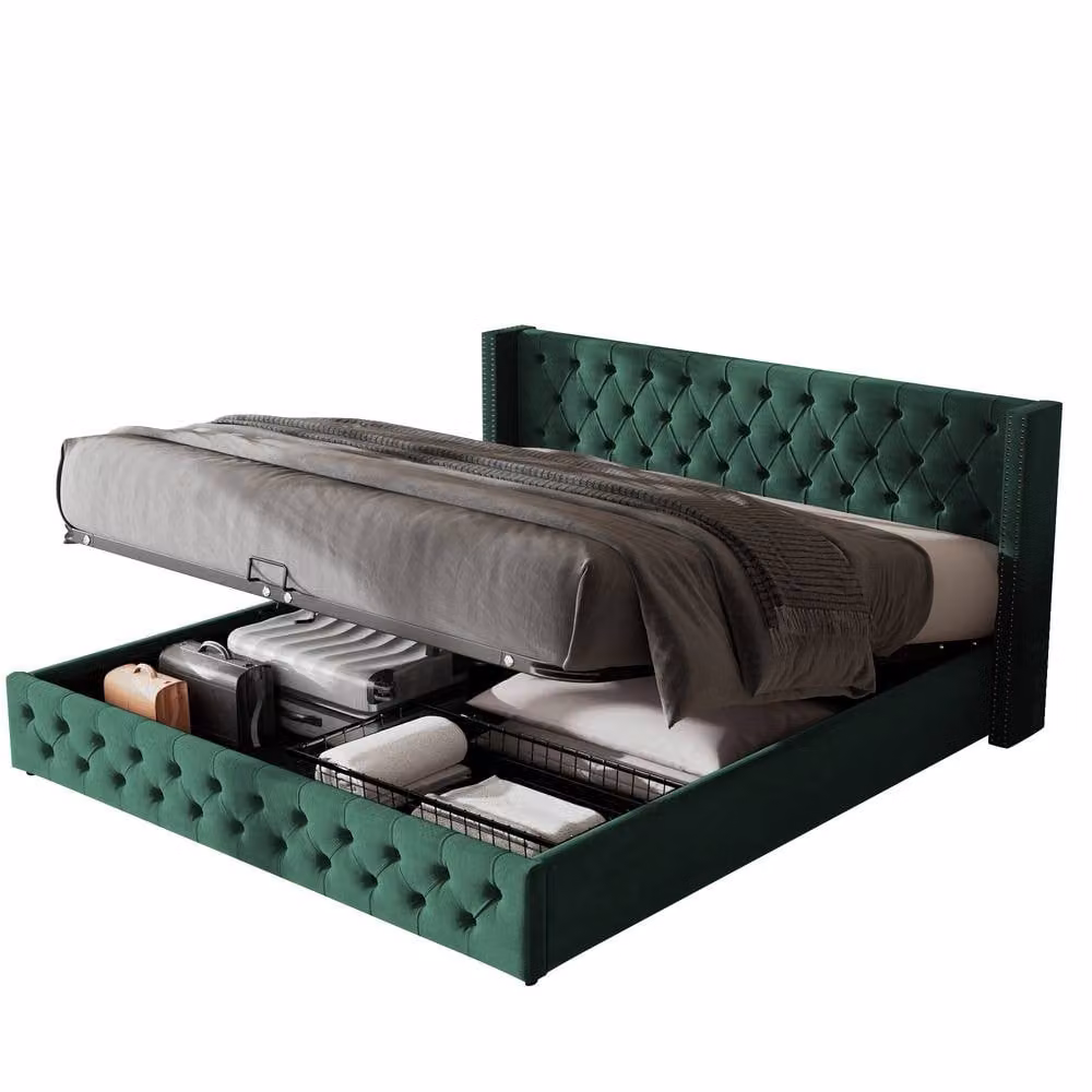 Rolipo Modern Upholstered Velvet Double Bed in Green with Lift Up Base, W/D/H: 140 x 200 cm – 5