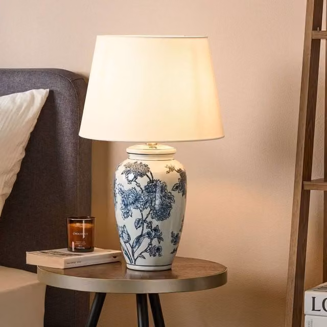 Wyld and Coco Ceramic Table Lamp with White and Blue Fabric Drum Shade, Height: 54 cm – 1