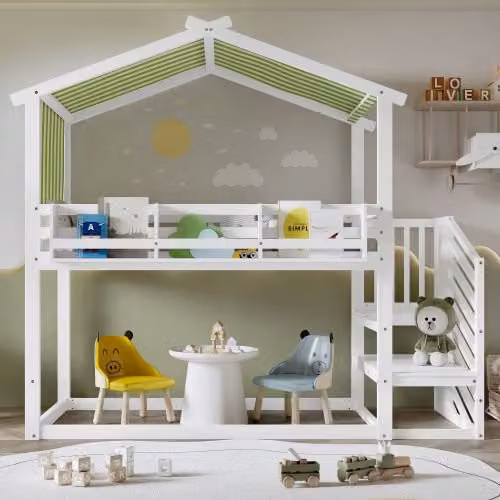Matteo Double Bunk Bed with Decorative Canopy and Corner Staircase in White and Green, W/D/H: 140 x 200 cm – 1