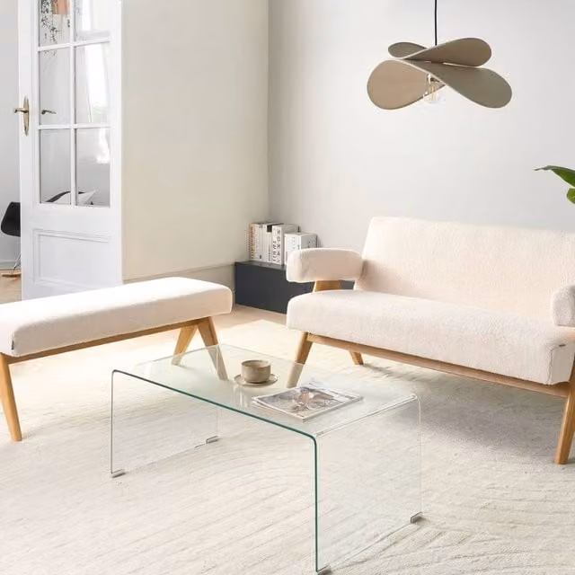 Wyld and Coco 2-Seater Sofa and Matching Ottoman in Off-White Boucle with Brown Rubberwood Frame