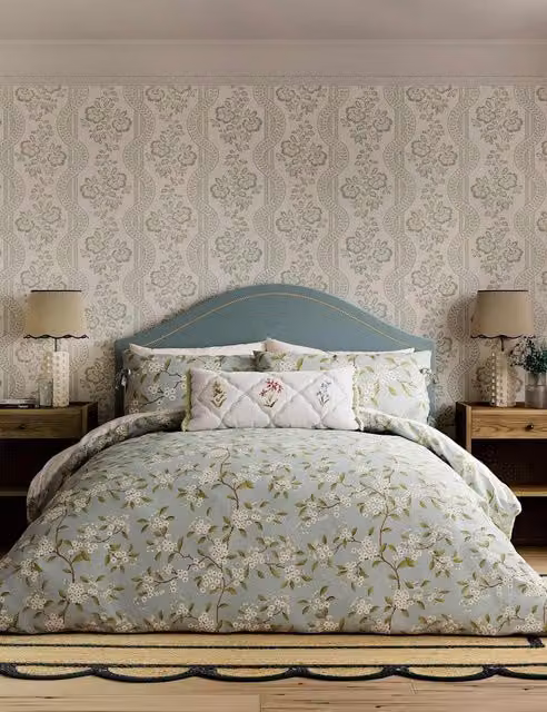 Sanderson Damson Blossom Floral Cotton Bedding Set, Light Blue, W: 140 cm, L: 200 cm