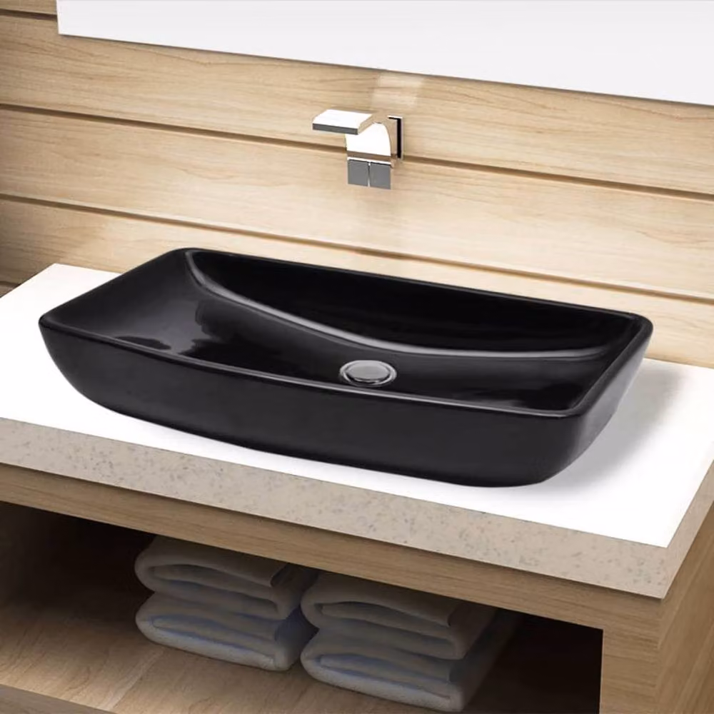 Berkfield Home Elegant Rectangular Ceramic Countertop Bathroom Sink Basin, Black, W: 71.0 cm, D: 38.0 cm, H: 13.5 cm – 2