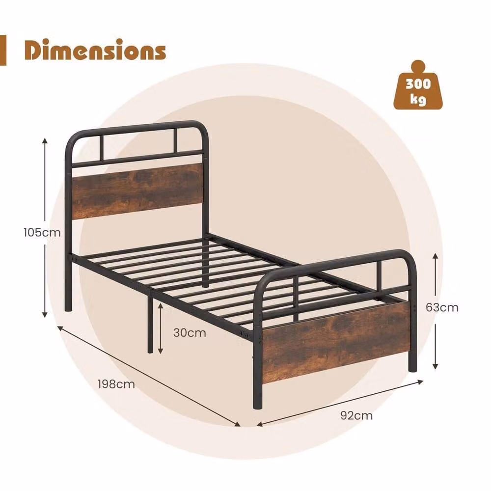Kelvenix Single Size Metal Platform Bed Frame with Slats in Brown, W/D/H: 90 x 200 cm – 2