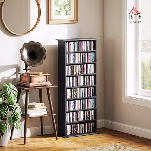 HOMCOM Black Media Storage Unit with 6 Adjustable Shelves for CDs and DVDs – 2