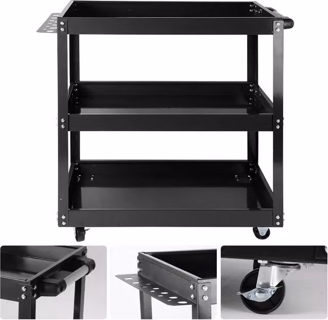 Nordara 3 Tier Heavy Duty Metal Tool Cart Garage Trolley in Black, W: 52 cm, D: 52 cm, H: 74 cm