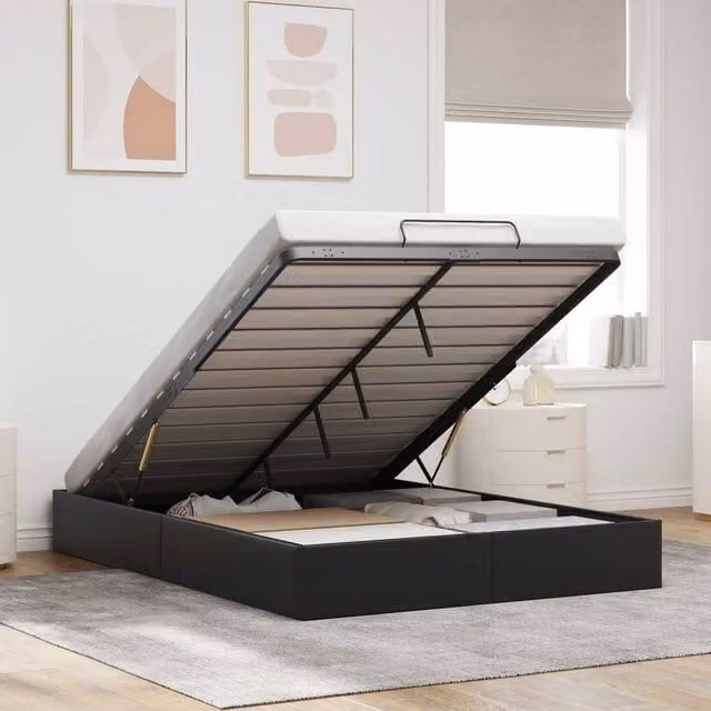 Berkfield Home Queen Size Ottoman Bed Frame in Black Faux Leather, W/D/H: 150 x 200 cm