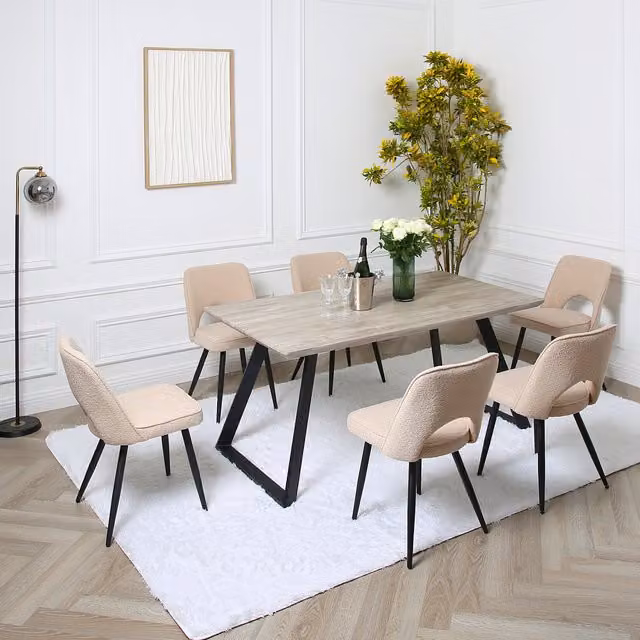 Dorchester Dining Set with Rectangular Table and 6 Beige Boucle Chairs