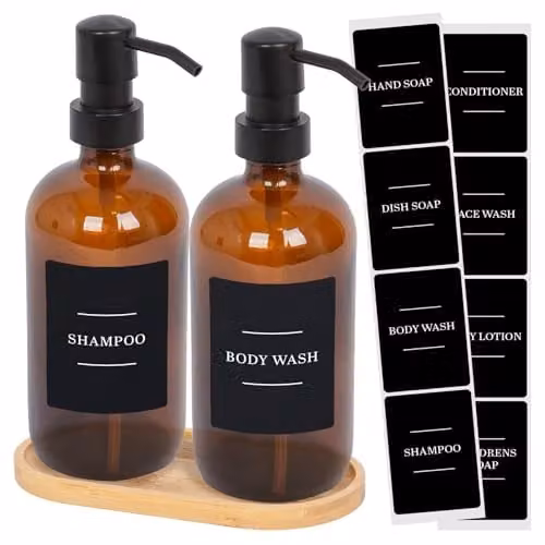 Harbour Housewares 2 Piece Glass Soap Dispenser Set with Bamboo Tray and Labels, 500ml, Amber and Orange