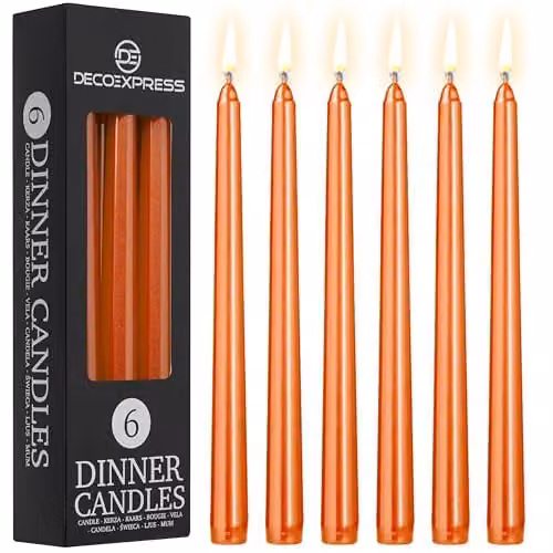 Deco Express Set of 6 Metallic Orange Unscented Dripless Tapered Dinner Candles – 1