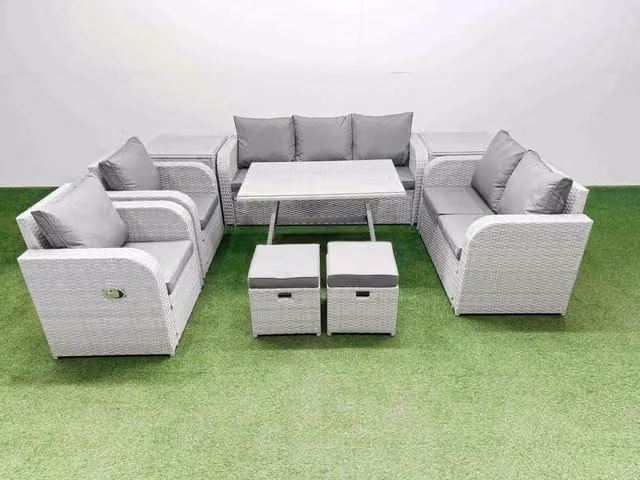 Fimous Outdoor Rectangular Table Sofa Set with Reclining Chair and 2 Side Tables in Light Grey