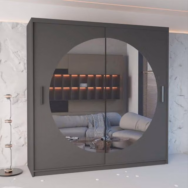 Sliding Wardrobes 4U Modern Double Sliding Wardrobe with Glass Doors in Grey, W: 150 cm, D: 62 cm, H: 217 cm