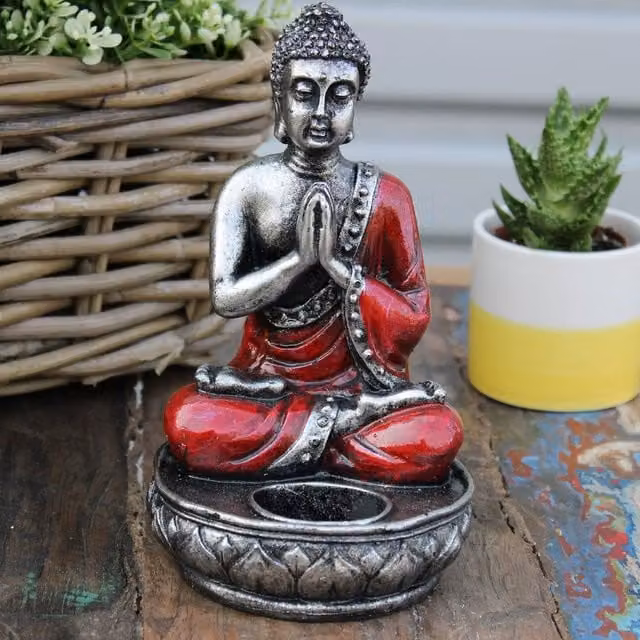 KDMK Red Hand Painted Buddha Tealight Candle Holder Namaskara Mudra Oriental Tabletop Decor
