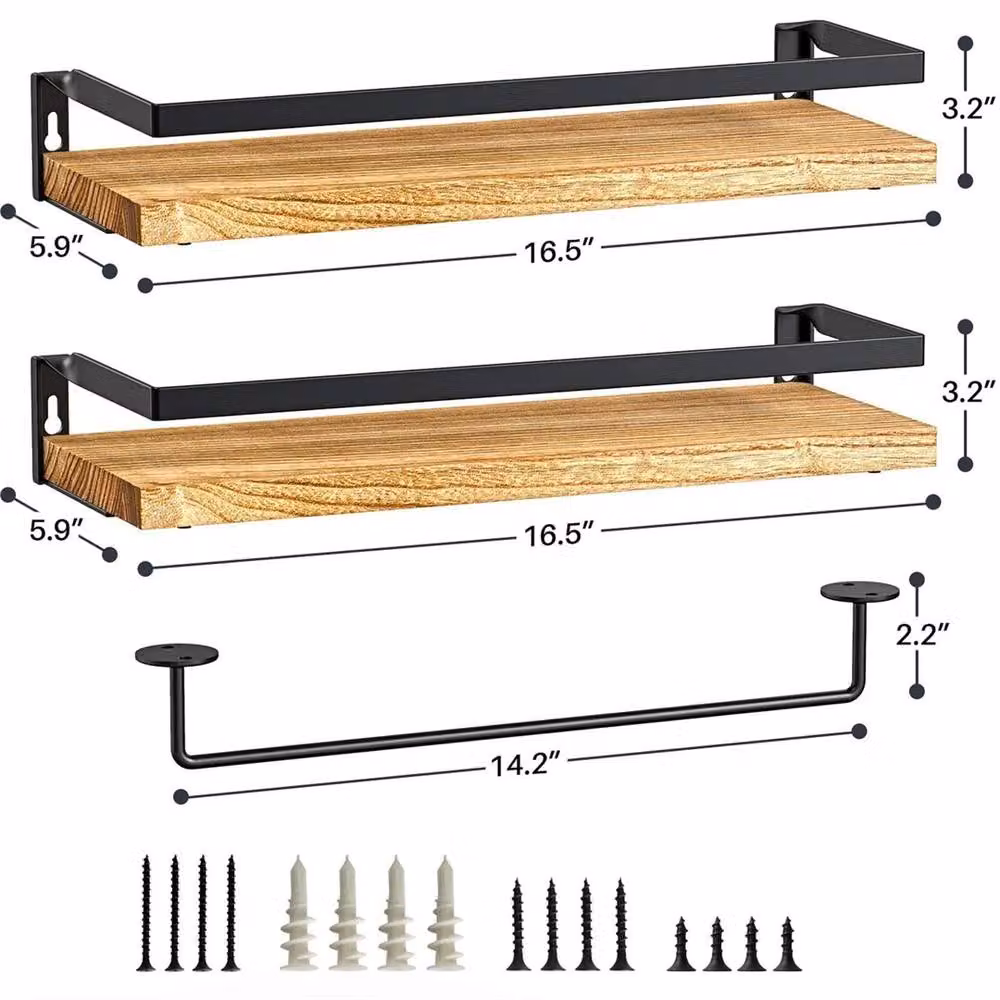 Nordara 2-Piece Brown and Black Rustic Wooden Floating Wall Shelves with Hanging Rod – 2