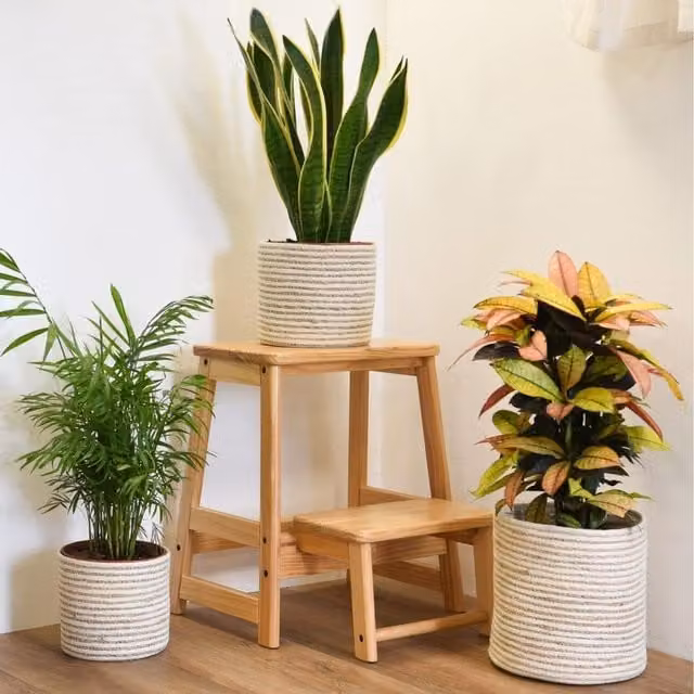 Garden Gear Set of Three Round Rattan and Textile Indoor Planter Baskets in Grey Sand