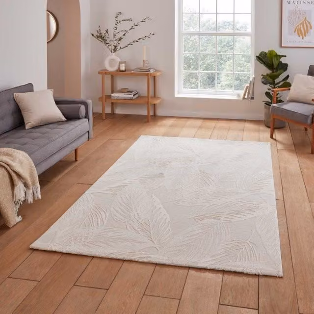Terrys Modern Floral Rectangular Washable Polyester Rug in Beige and White