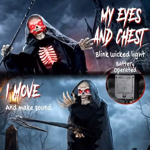 HOMCOM Life Size Animated Grim Reaper Halloween Decoration in Black and Red, Height: 170 cm – 4