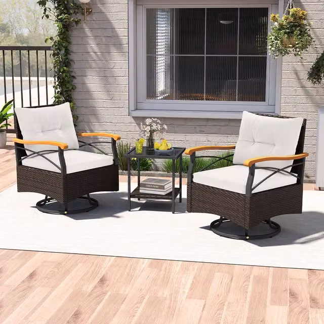 Costway 3 Piece Modern Outdoor Swivel Chair Set in White and Brown with Acacia Wood and Rattan