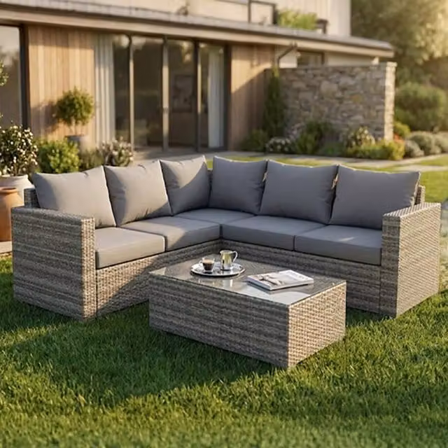 Alivio 5-Seater Grey PE Rattan L-Shape Patio Corner Sofa Set with Coffee Table and UV-Resistant Cushions