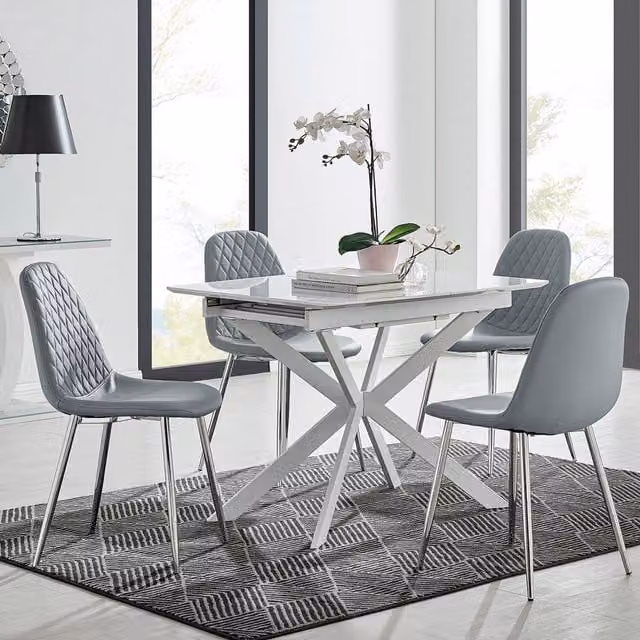 FurnitureboxUK LIRA 100 Extending Kitchen Dining Table and 4 Corona Silver Leg Chairs in Grey and White