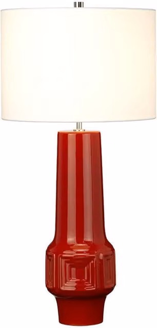 Loops Red Geometric Ceramic Table Lamp with White Fabric Cylinder Shade and E27 LED Bulb