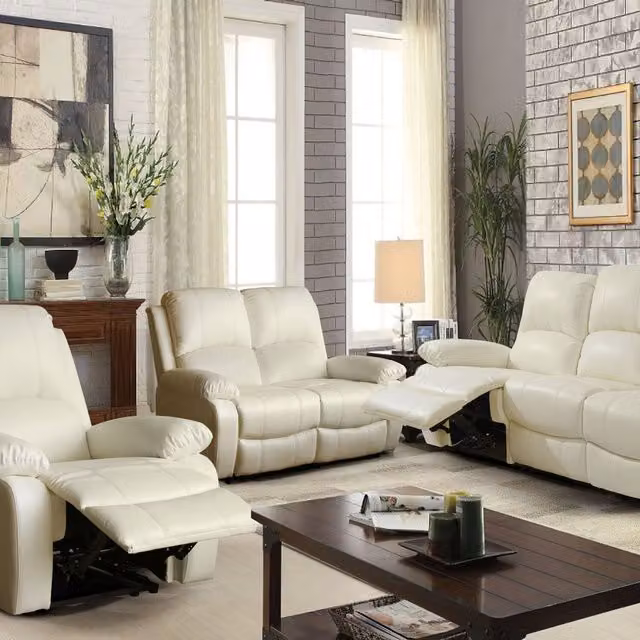 Comfy Living Bonded Leather Reclining Sofa Set in White, including 3 Seater Sofa, 2 Seater Sofa and Armchair