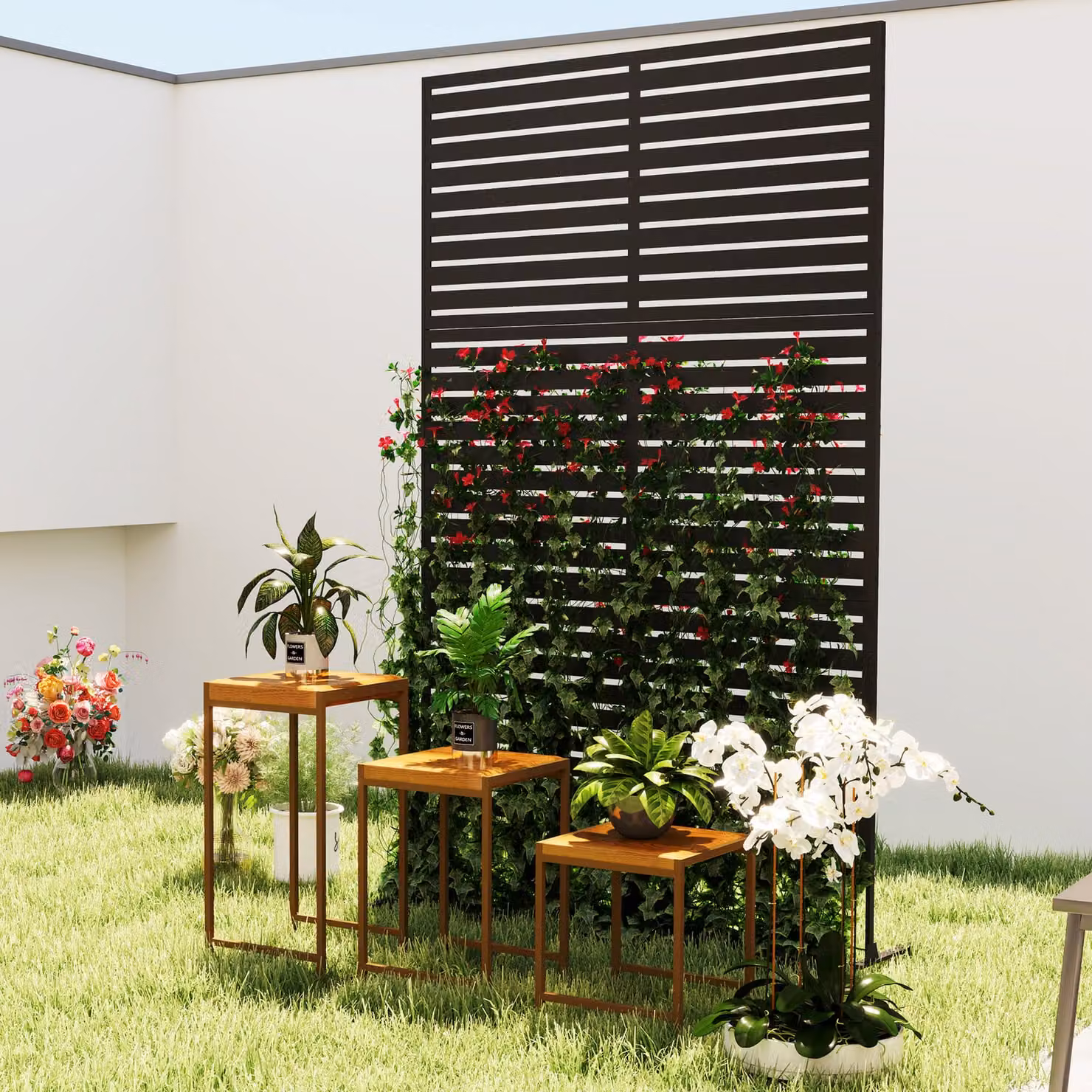 Outsunny Black Metal Decorative Privacy Fence Screen and Climbing Plant Trellis with Stand, W: 122 cm, H: 198 cm – 8