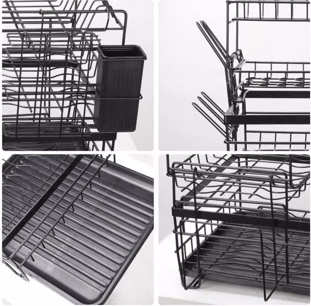 VOGREX 3 Tier Dish Drying Rack with Drip Tray and Cutlery Holder, Black Coated Steel – 1