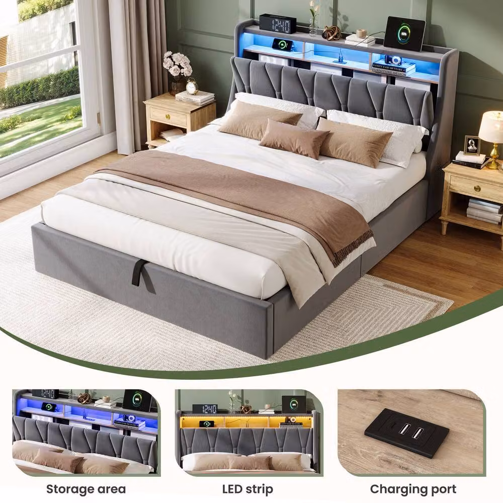 Rolipo Grey Velvet Double Ottoman Storage Bed with LED Lighting and USB Charging Port, W/D/H: 140 x 200 cm – 4