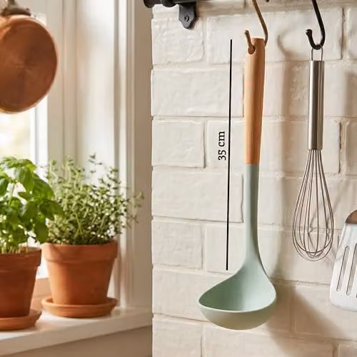 Premier Housewares Sage Green Silicone Head Ladle with Round Wood Handle, Heat-Resistant and Non-Scratch Kitchen Serving Spoon with Hanging Loop – 2