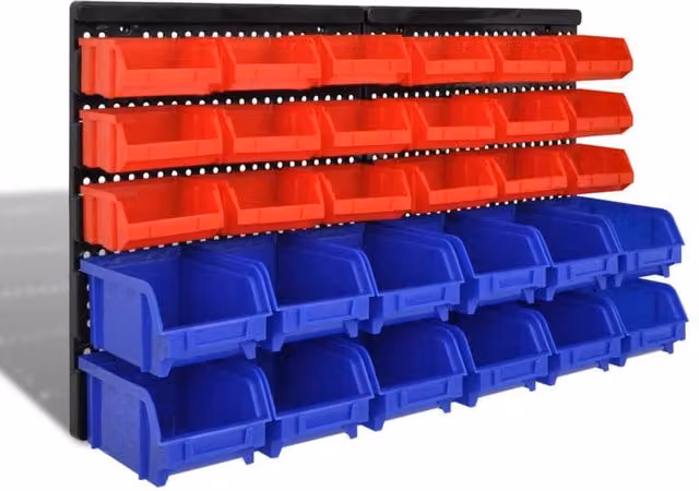 Berkfield Home 30 Piece Wall Mounted Plastic Garage Storage Bin Set in Blue and Red