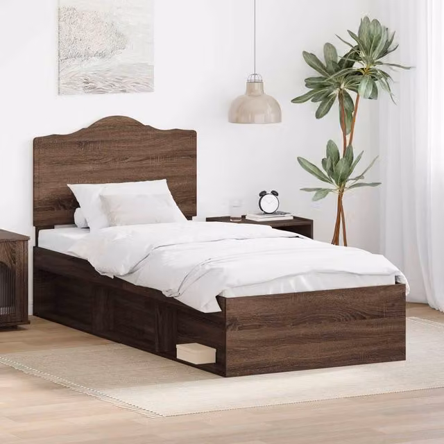 Berkfield Home Modern Bed Frame with Headboard in Brown Oak, W/D/H: 90 x 200 cm – 1