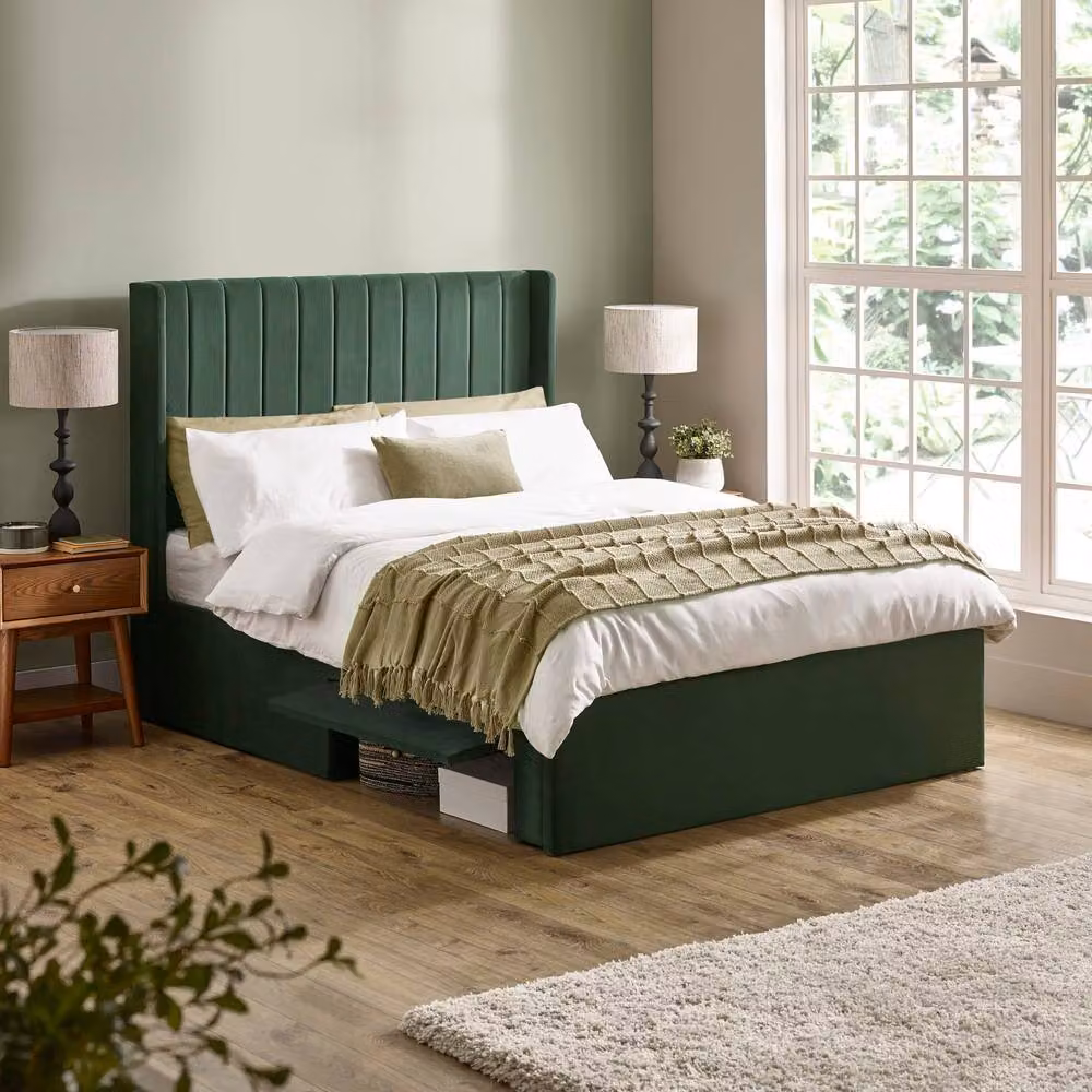 Cheshire Coral Double Bed in Bottle Green Velvet with Dual Storage Doors – 3