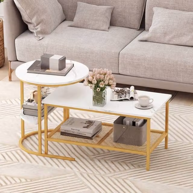 Costway 2-in-1 Nesting Faux Marble Coffee Table and Detachable Side Table Set in White and Multicolour