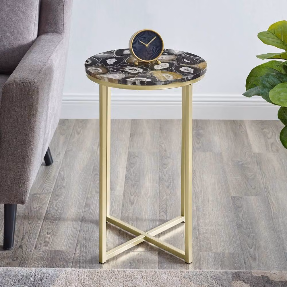 VOGREX Round Faux Stone Glam Side Table in Black, Gold and Multicolour, Diameter: 40.64 cm, Height: 40.64 cm – 3